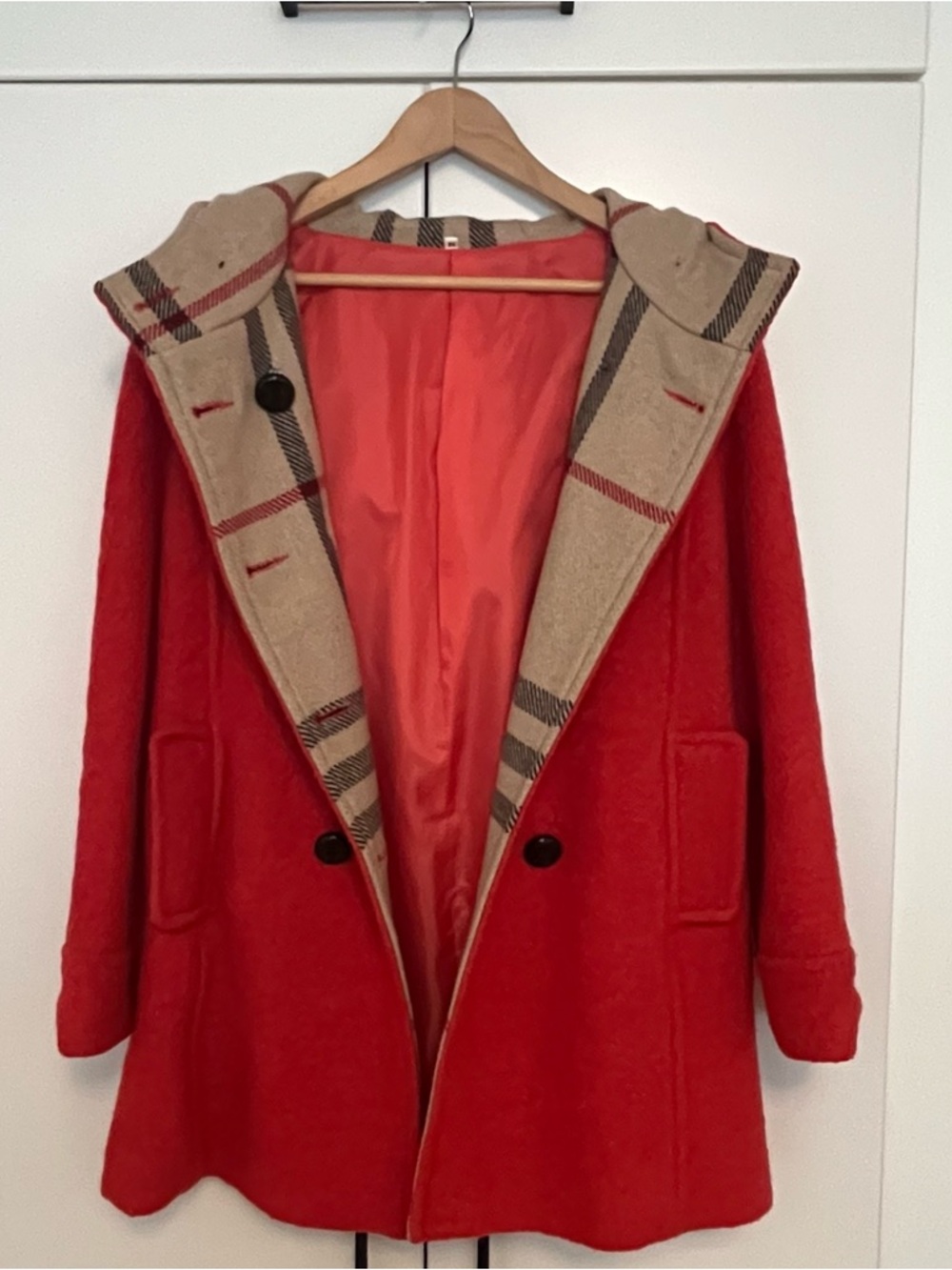 Coral Hooded Synthetic Boiled Wool Coat with Plaid Trim